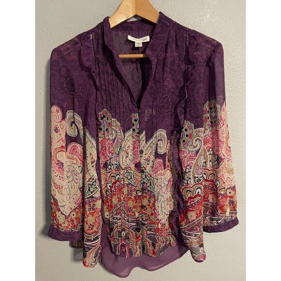 Coldwater Creek Blouse Womens 1X Purple Paisley Sheer Lined Boho Peasant Top - Picture 1 of 9